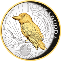 2 Unze Silber Kookaburra 2025 (Auflage: 2.000 | teilvergoldet | High Relief | Polierte Platte)