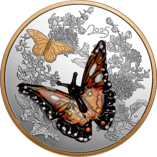 500g Silber Murano Monarch Butterfly 2025 (Auflage: 800 | teilvergoldet | Polierte Platte)