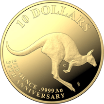 1/10 Unze Gold Australien Känguru 2023 30. Jubiläum (Auflage: 3.000 | Polierte Platte | Royal Australia Mint)