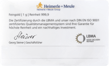 1g Goldbarren Heimerle und Meule Danke Mama FineCard